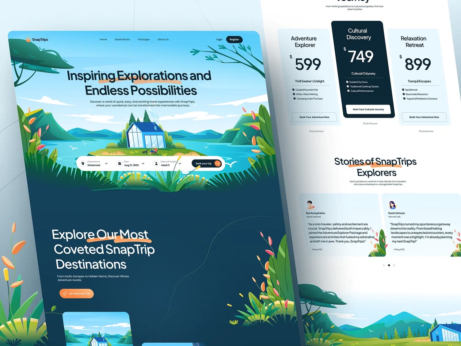 SnapTrips travel booking website with illustrated hero