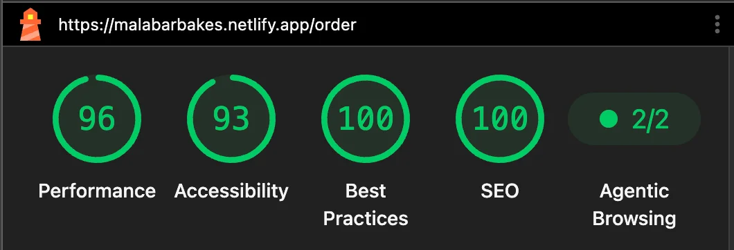 Google Lighthouse report for malabarbakes.netlify.app