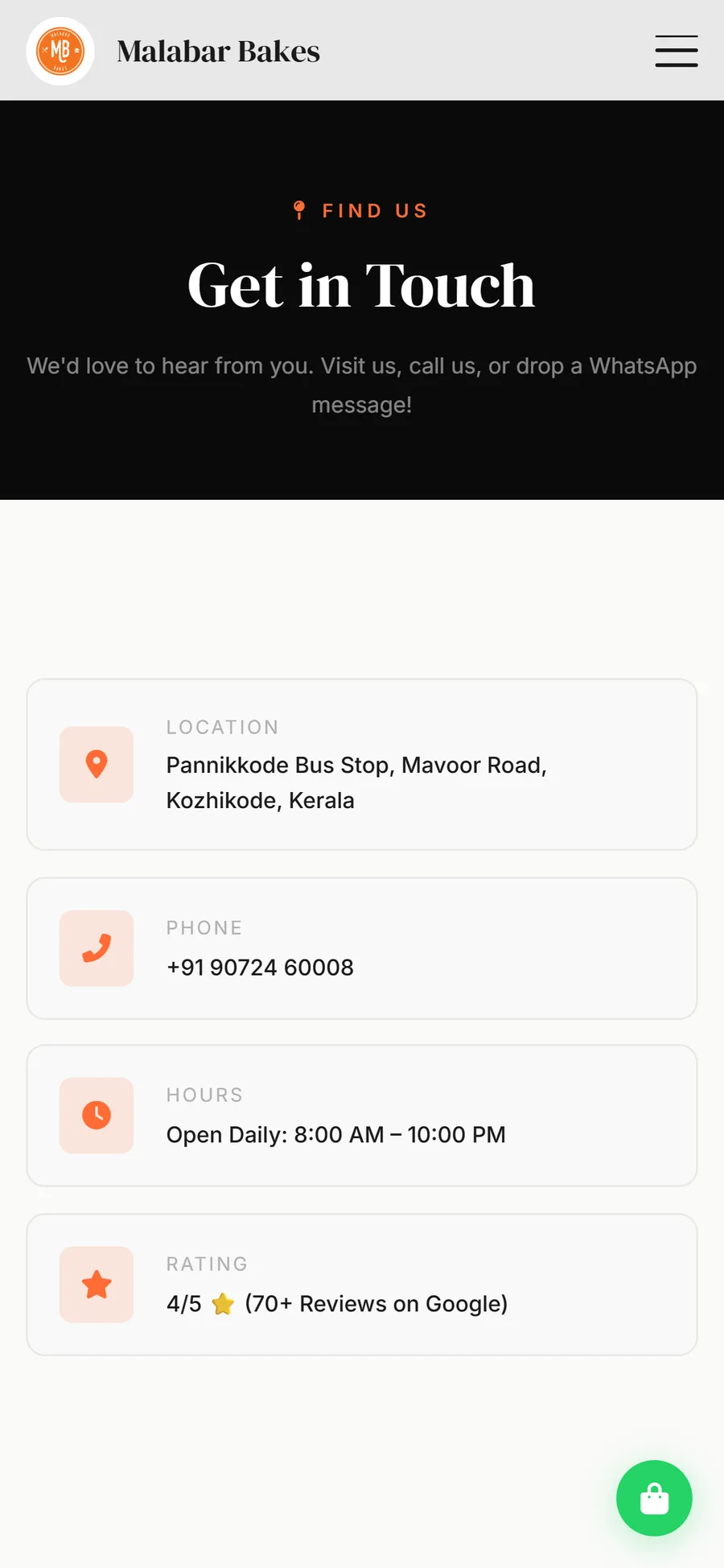 Malabar Bakes, mobile contact